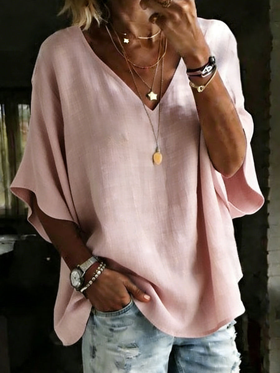 NEW🔥 Women's 100% Cotton Classic Loose Fit V Neck Dolman Sleeve T-shirt