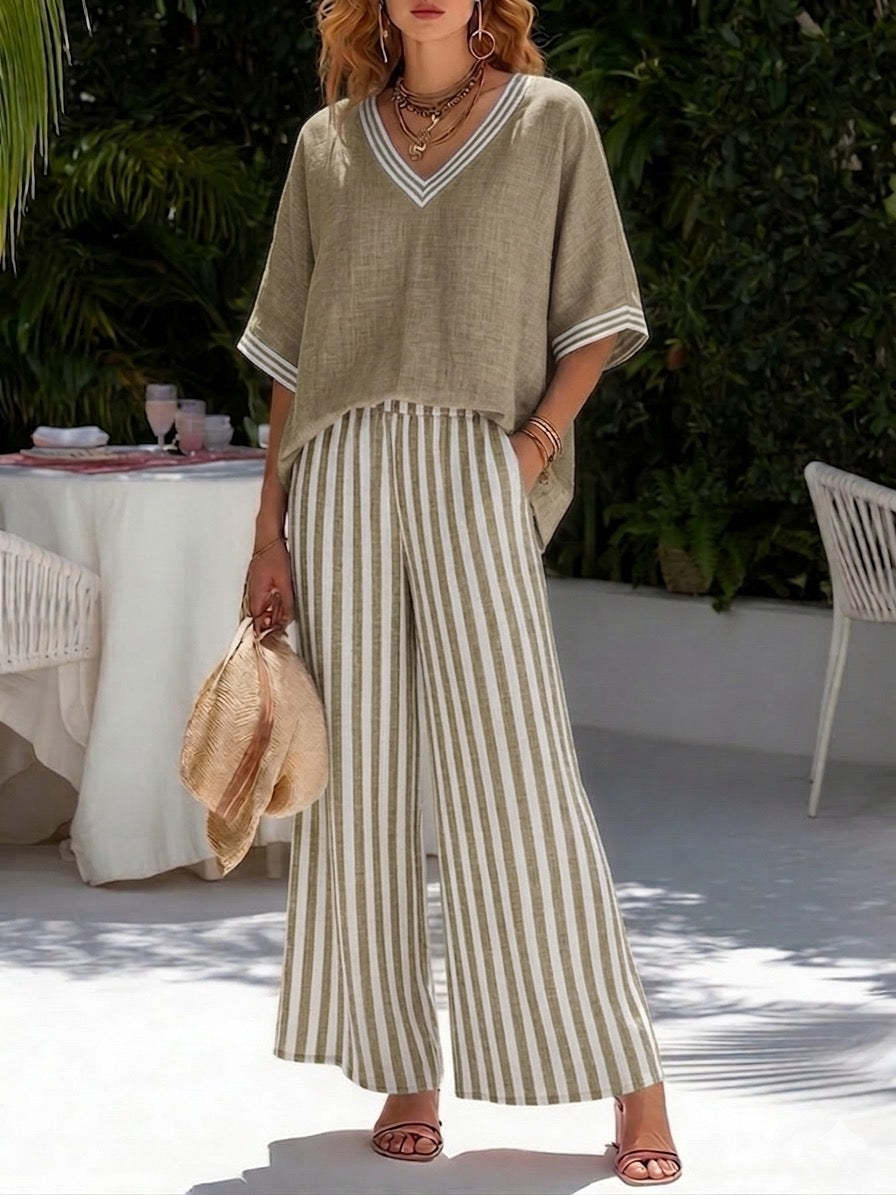 Casual Two-piece Set: Striped Linen & Cotton Patchwork Top And Striped Trousers