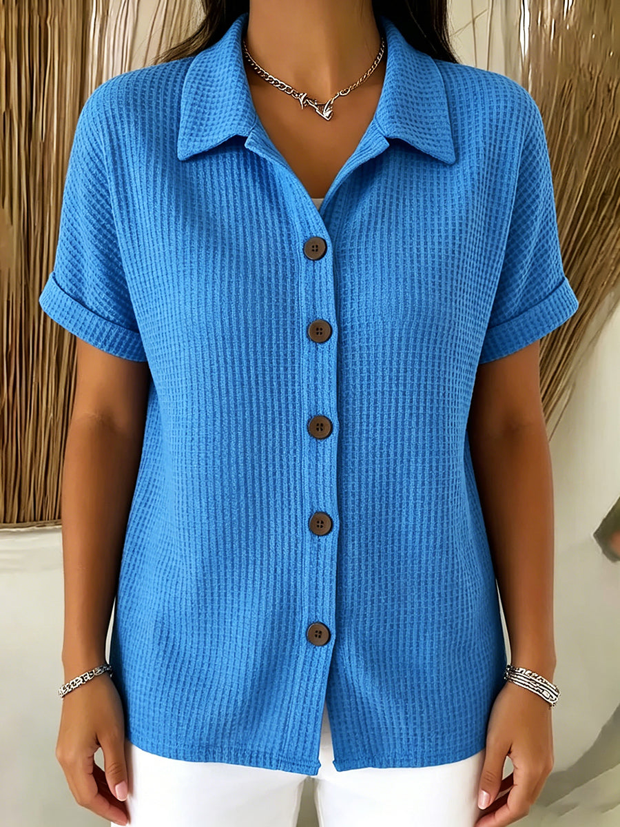 Casual Polo-collar Button-up Waffle Shirt