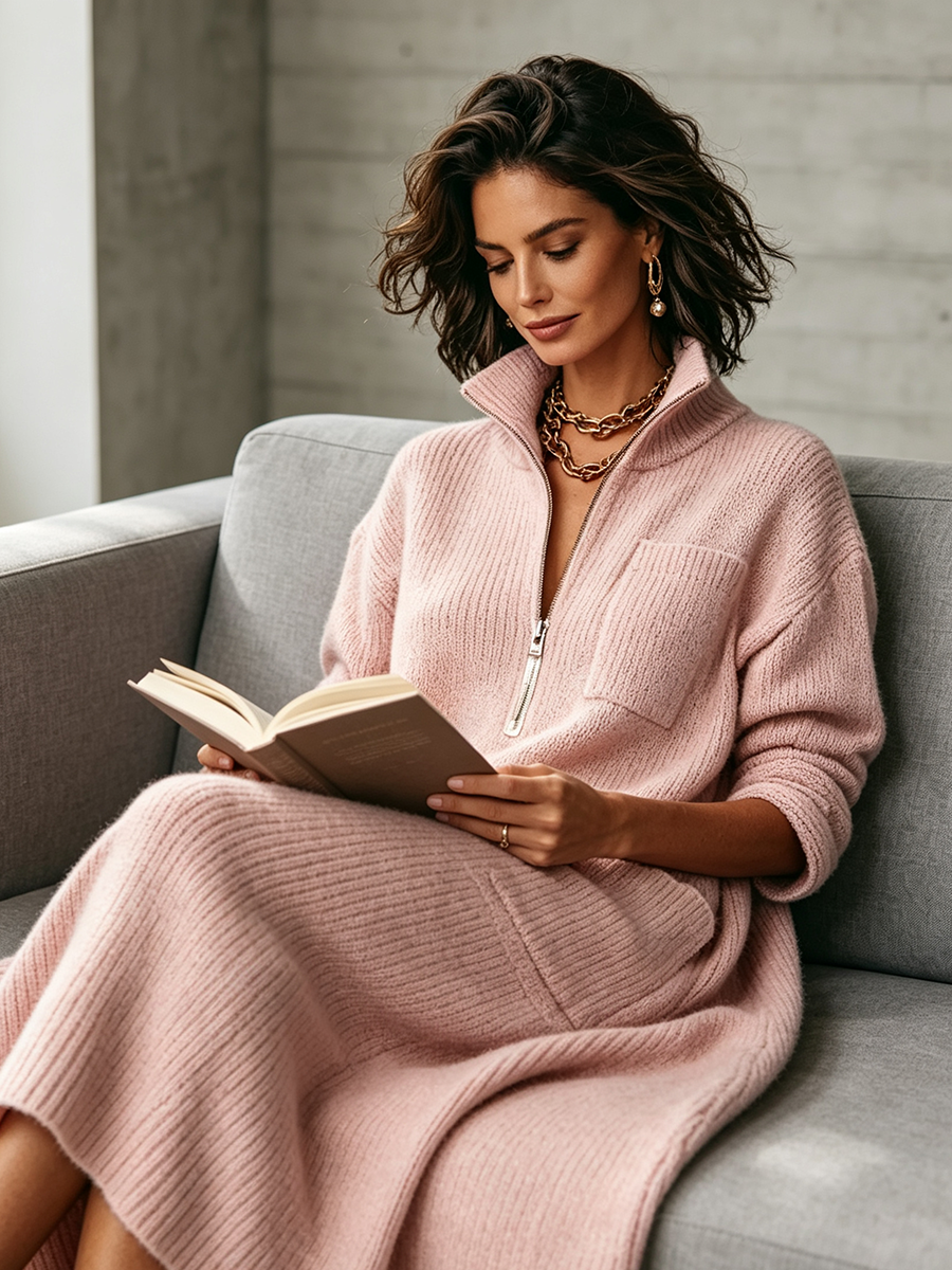 CLEARANCE SALE🔥 Women’s Quarter Zip Mock Neck Knit Maxi Dress with Pockets