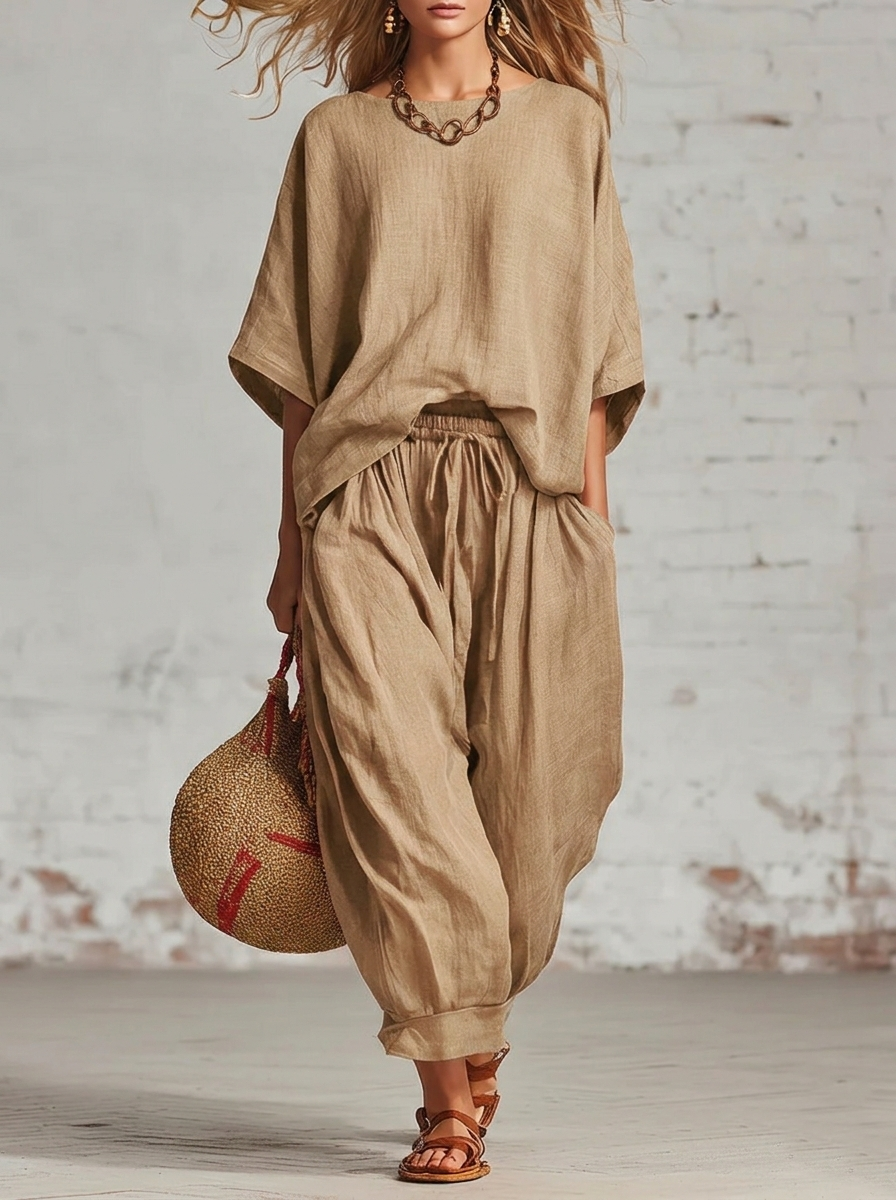 Cozy Loose-fitting Daily Wear Linen Two-piece Set