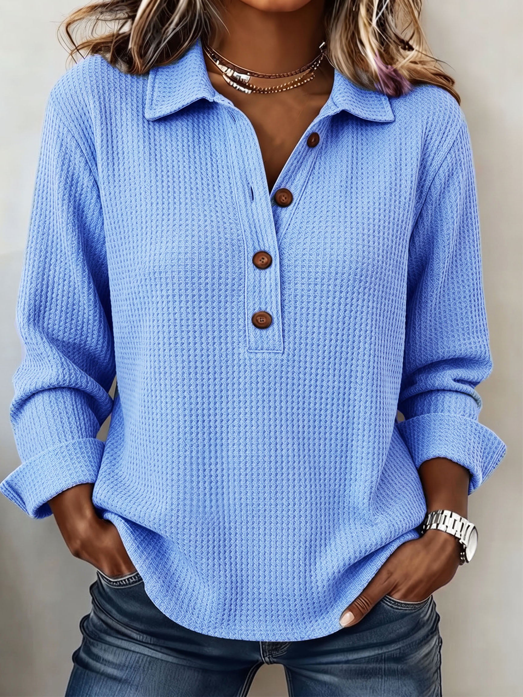 CLEARANCE SALE🔥Women's Cozy Casual Lapel Collar Waffle Knit Pullover