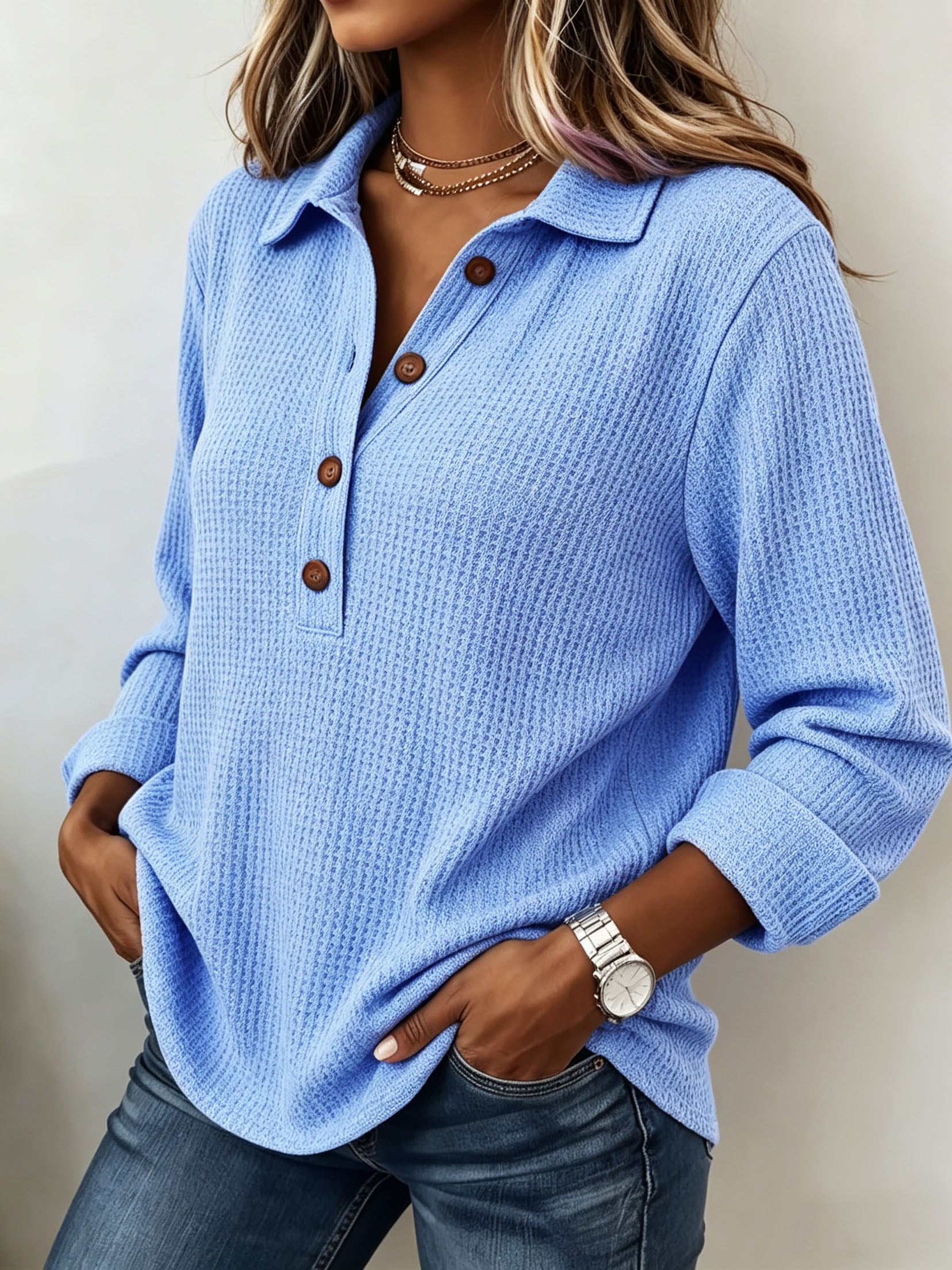 CLEARANCE SALE🔥Women's Cozy Casual Lapel Collar Waffle Knit Pullover