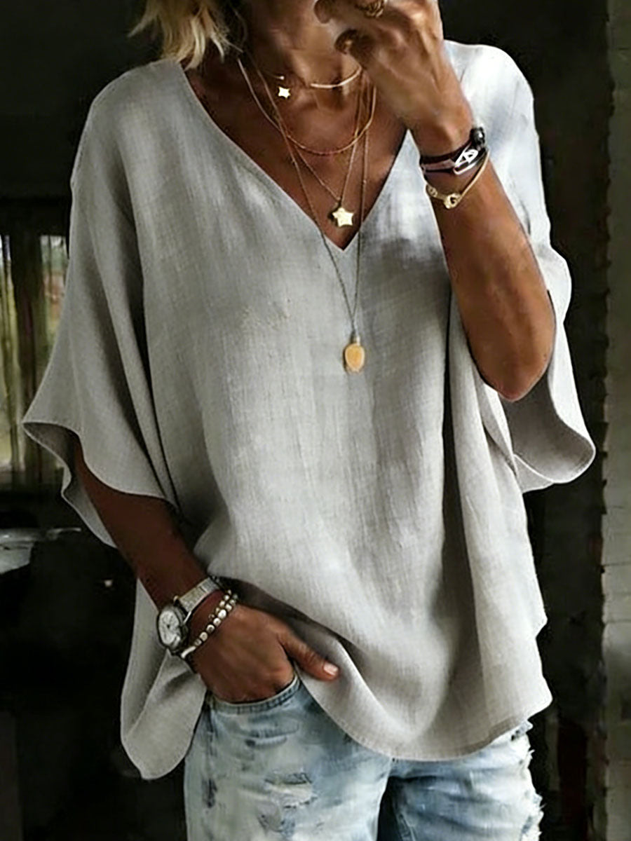 NEW🔥 Women's 100% Cotton Classic Loose Fit V Neck Dolman Sleeve T-shirt