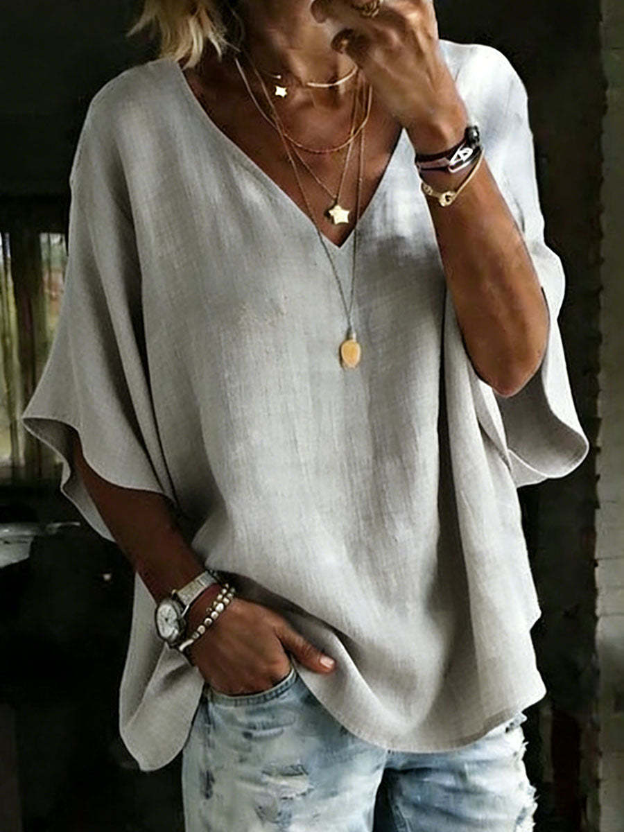 NEW🔥 Women's 100% Cotton Classic Loose Fit V Neck Dolman Sleeve T-shirt