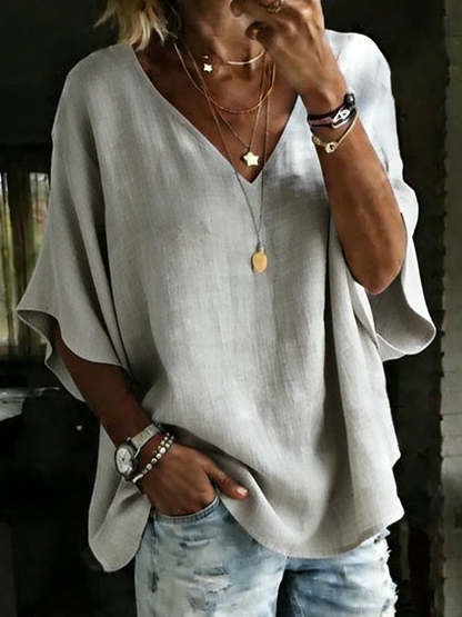 NEW🔥 Women's 100% Cotton Classic Loose Fit V Neck Dolman Sleeve T-shirt