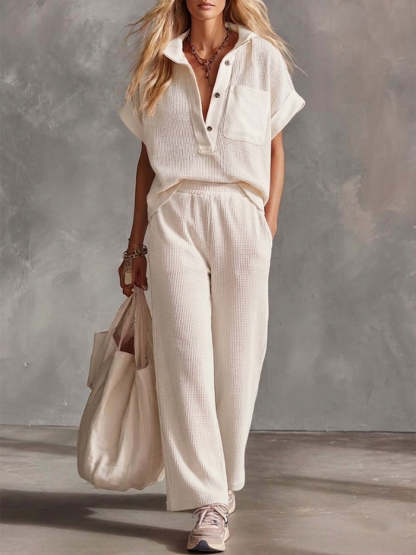 Casual Sports Waffle Knit Short-sleeved Cotton Top And Pants Two-piece Set