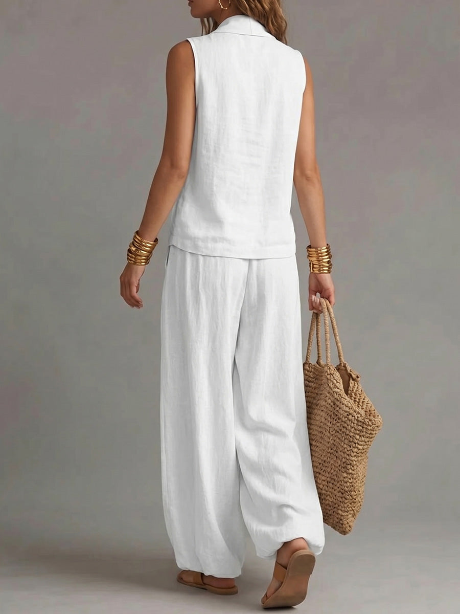 Women's Sleeveless Collared Top And Pants Set