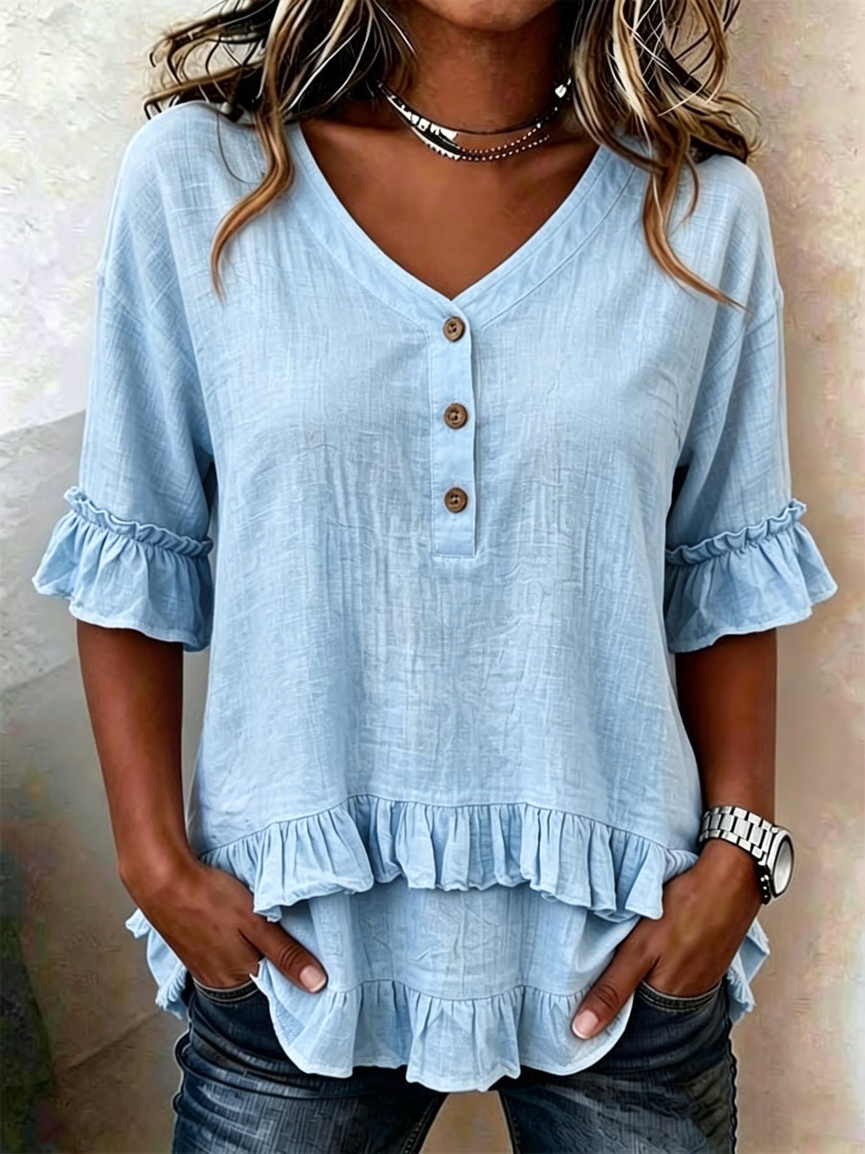 Retro V-neck Ruffled Loose Cotton-linen Shirt