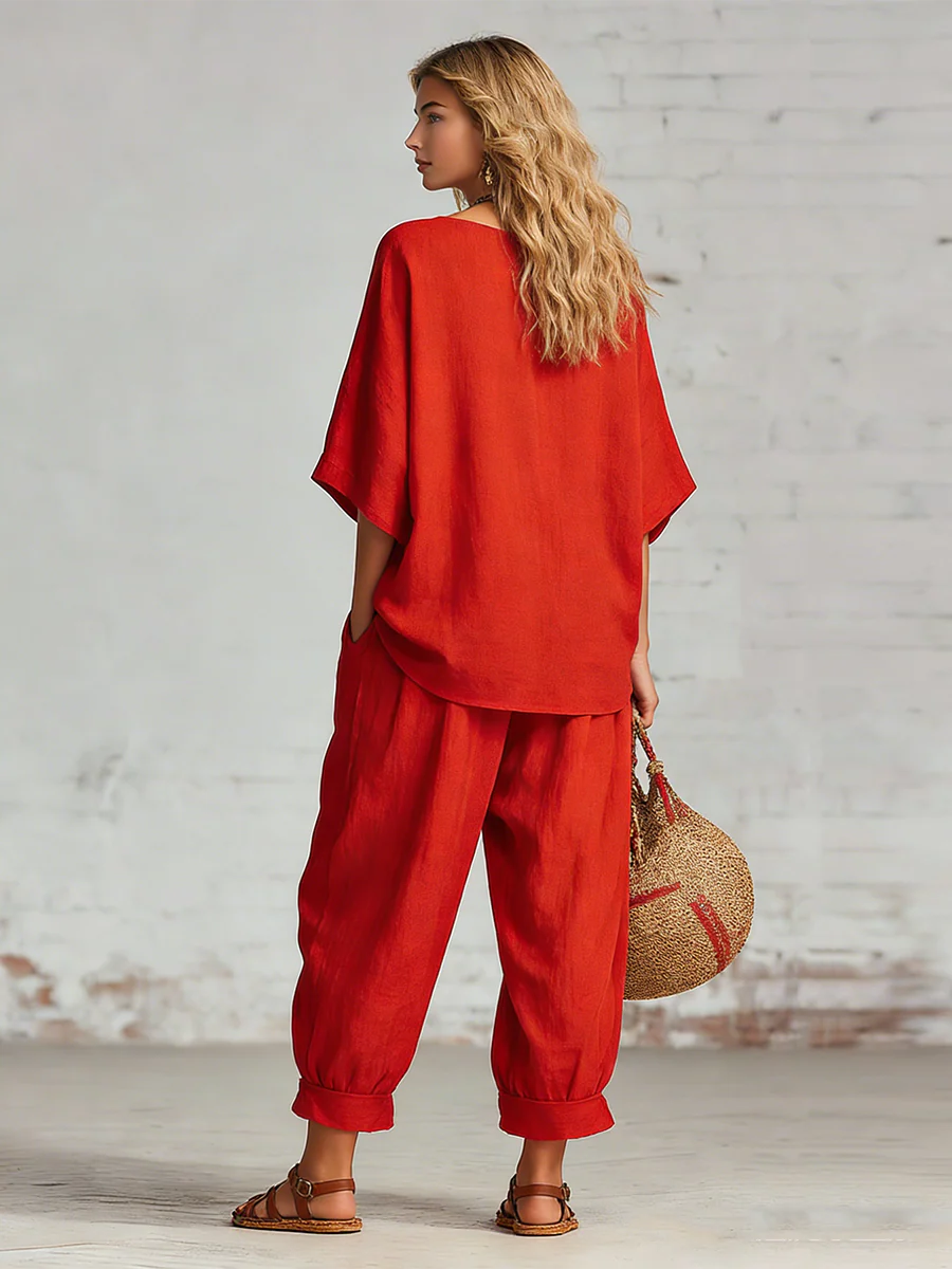 Cozy Loose-fitting Daily Wear Linen Two-piece Set