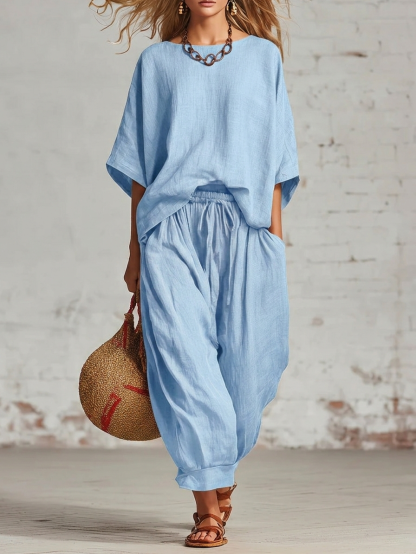 Cozy Loose-fitting Daily Wear Linen Two-piece Set