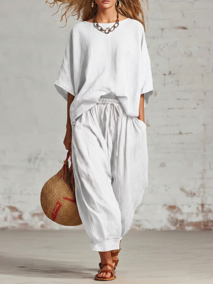 Cozy Loose-fitting Daily Wear Linen Two-piece Set