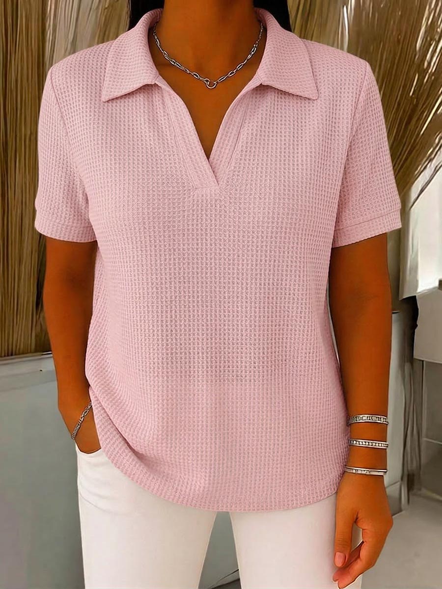 Women's Solid-color V-neck Short-sleeve Casual Waffle-knit Cotton Top