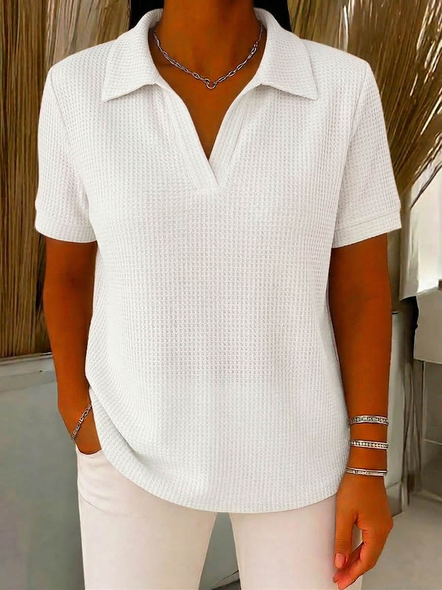Women's Solid-color V-neck Short-sleeve Casual Waffle-knit Cotton Top