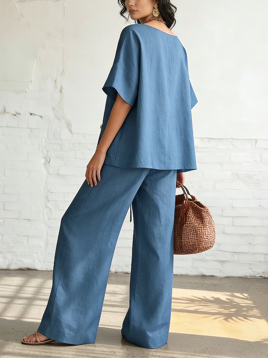 Cozy & Elegant Metal Buttons Cotton-linen Two-piece Set