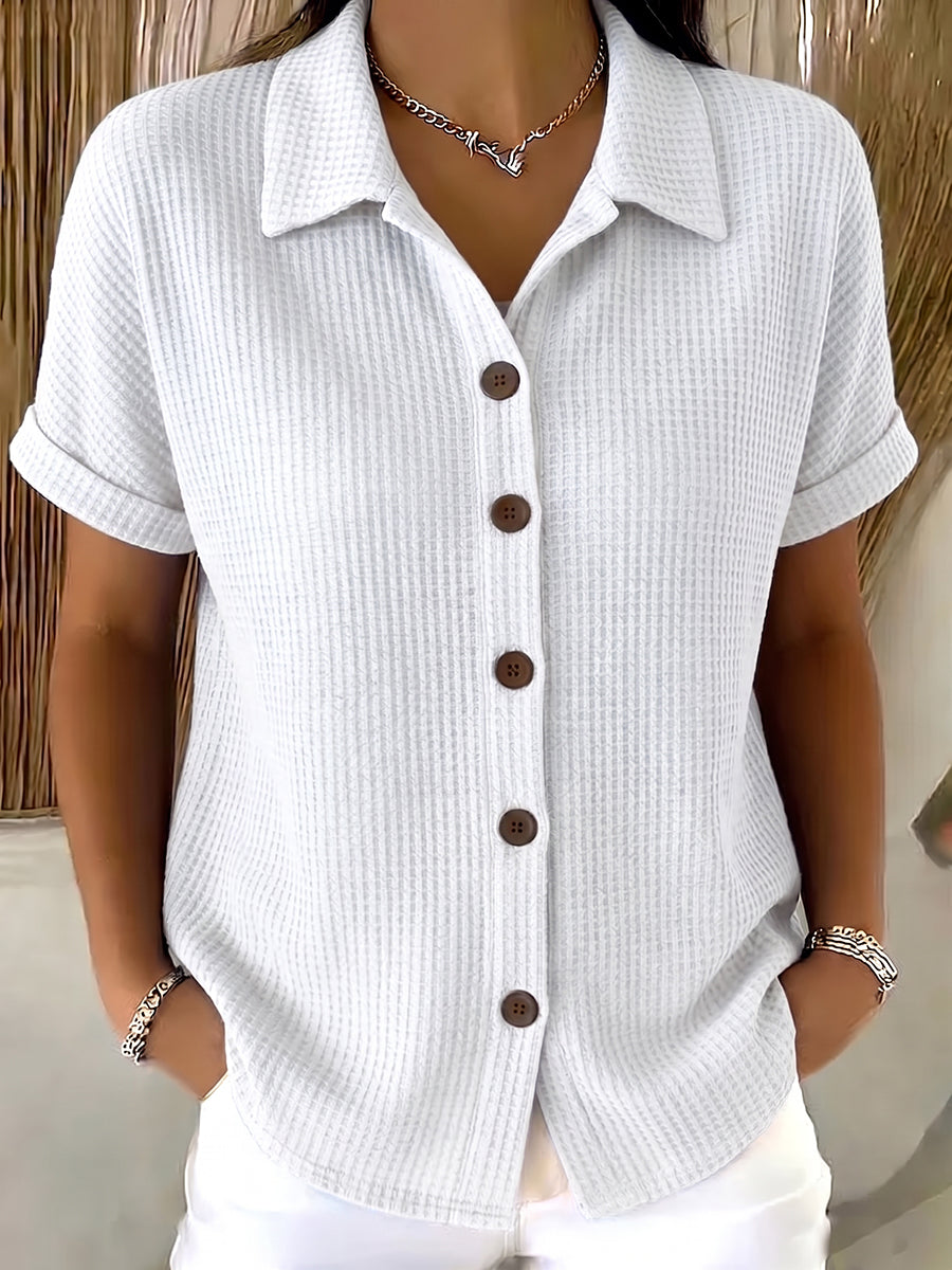 Casual Polo-collar Button-up Waffle Shirt
