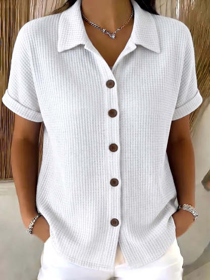 Casual Polo-collar Button-up Waffle Shirt