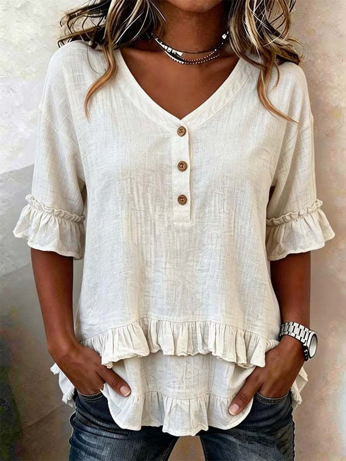 Retro V-neck Ruffled Loose Cotton-linen Shirt