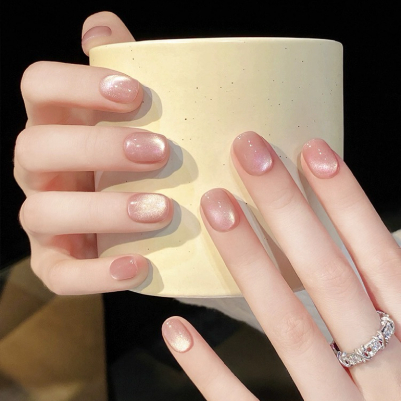 Pink Crystal Cat-Eye Press-On Nails — Handmade Minimalist Design for Daily Elegance & Flattering Wear