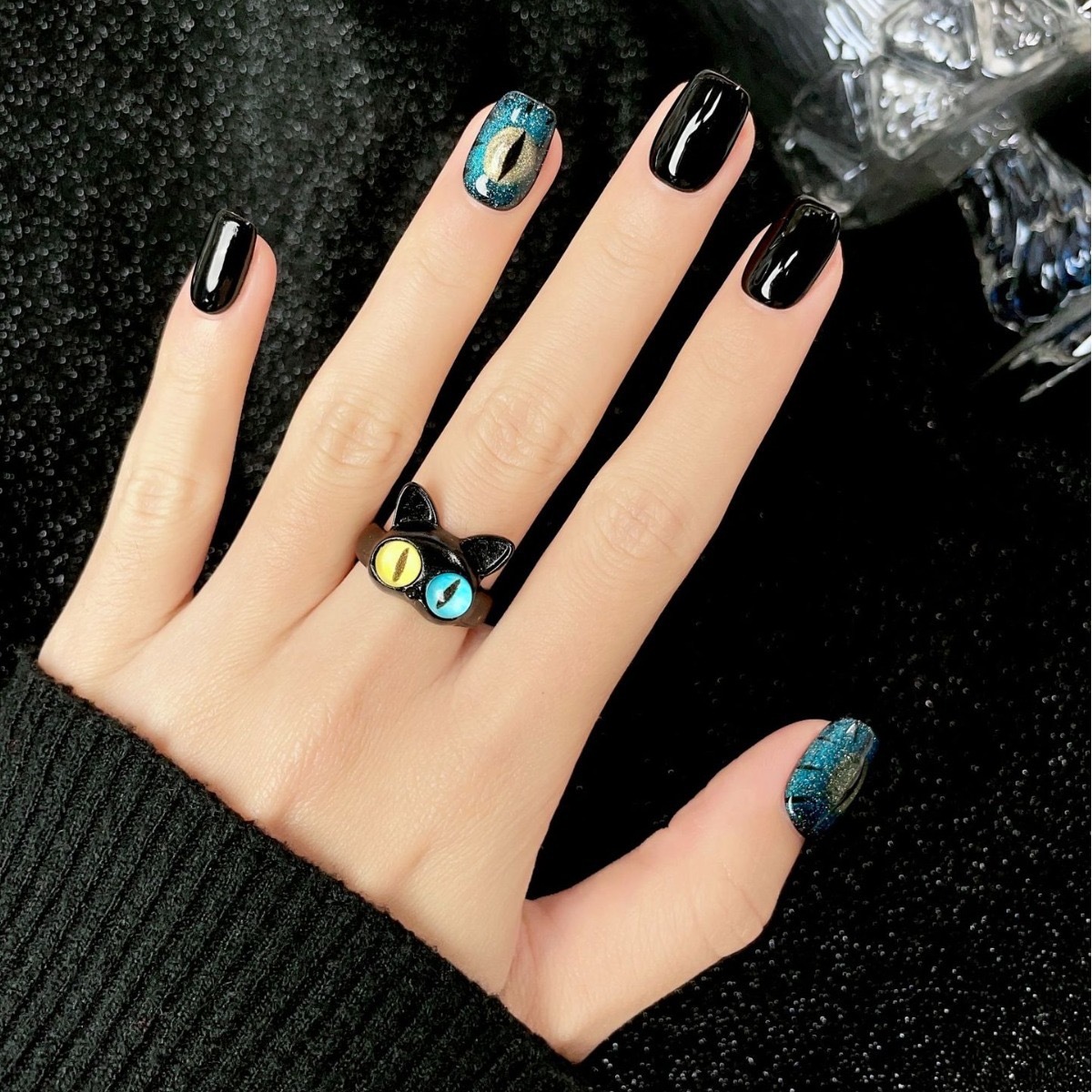 Devil's Eye Blue Marble Cat-Eye Press-On Nails — Handmade Short Design with Noir Feline Mystique