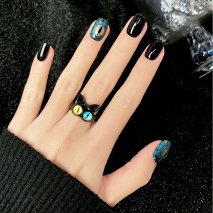 Devil's Eye Blue Marble Cat-Eye Press-On Nails — Handmade Short Design with Noir Feline Mystique