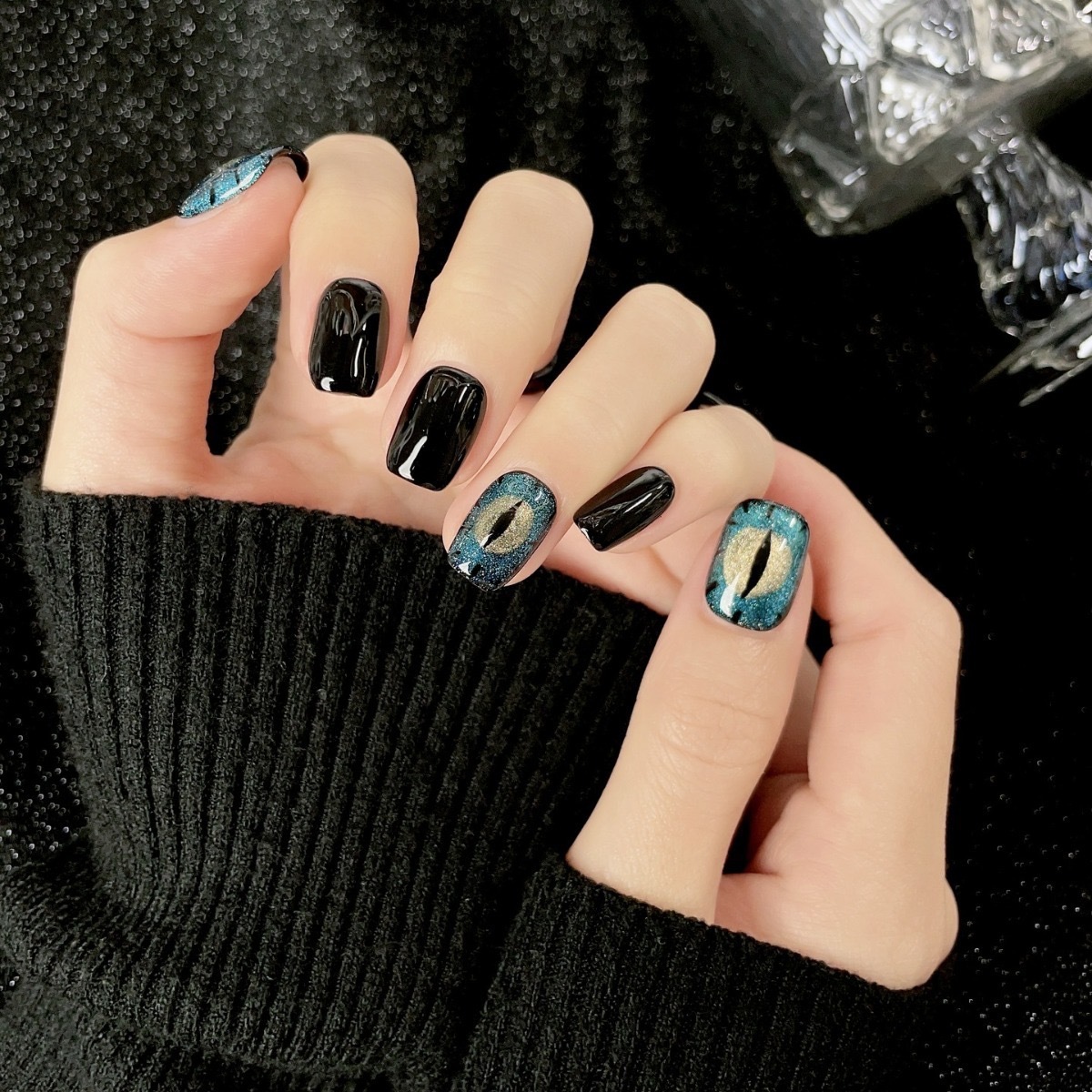 Devil's Eye Blue Marble Cat-Eye Press-On Nails — Handmade Short Design with Noir Feline Mystique