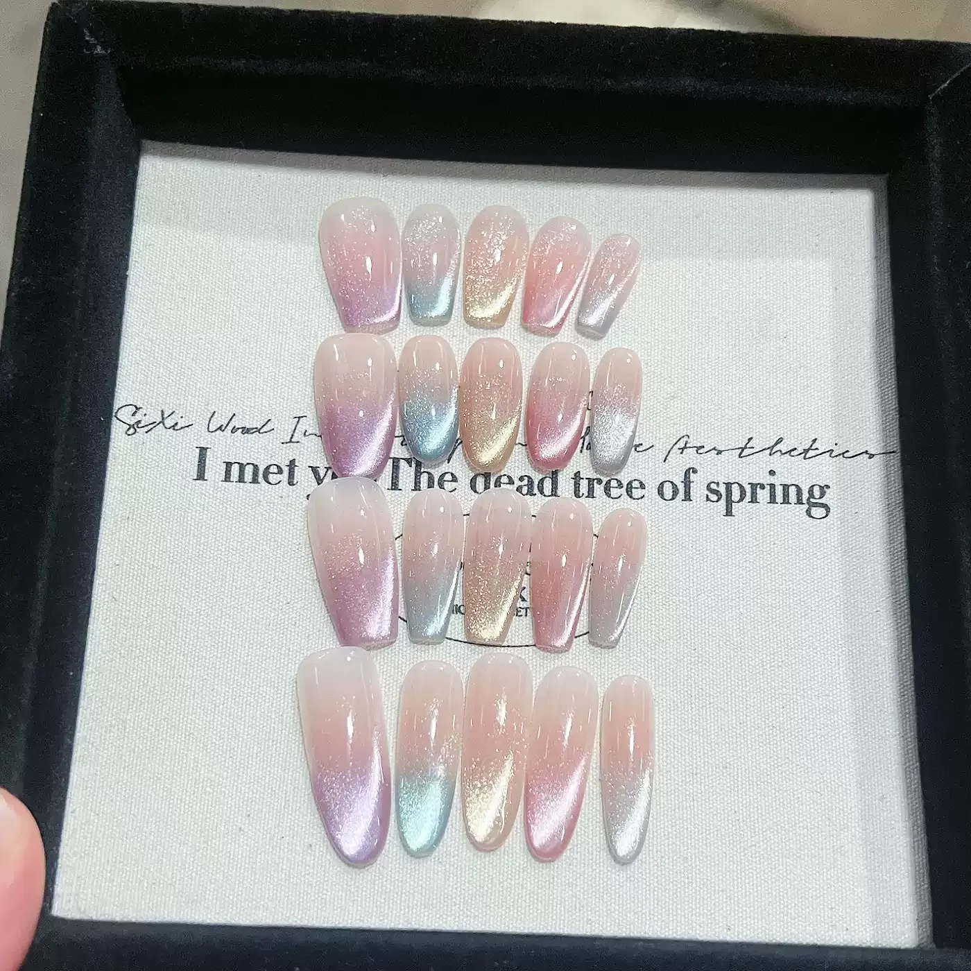 Iridescent French Cat-Eye Press-On Nails — Handmade Design with Chromatic Elegance