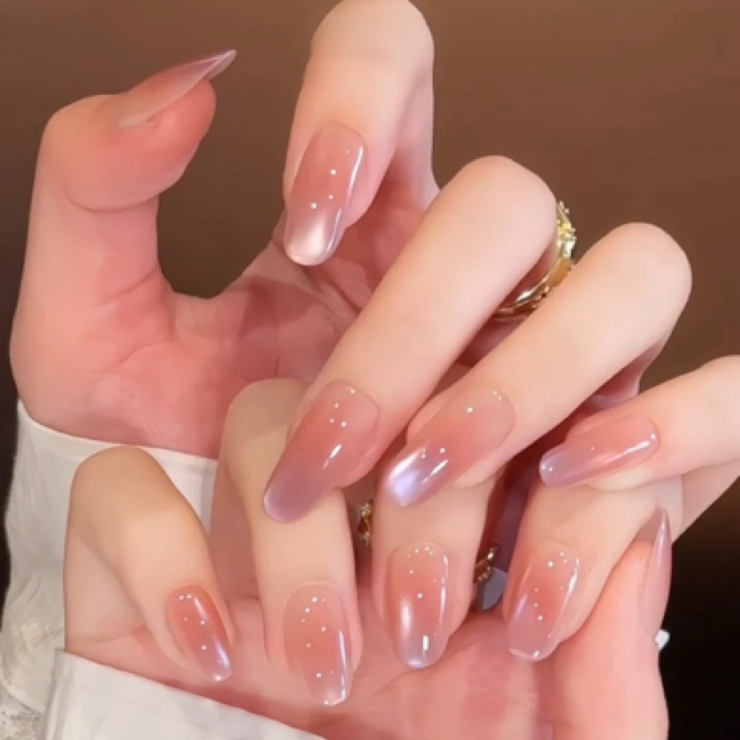 Elegant Pink-Lavender Glass Beads & Glow Cat Eye Press-On Nails | Handmade Translucent Design with Minimalist Charm