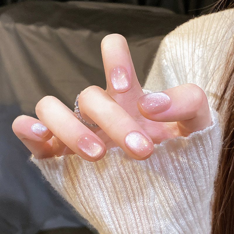 Pink Crystal Cat-Eye Press-On Nails — Handmade Minimalist Design for Daily Elegance & Flattering Wear