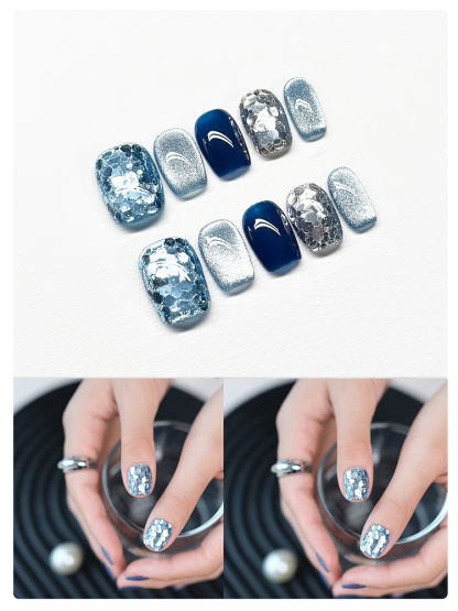 2025 New Arrival Handmade Press-On Nails | Blue Glitter Sparkle Short Length | Minimalist Elegant Design & Whitening Effect