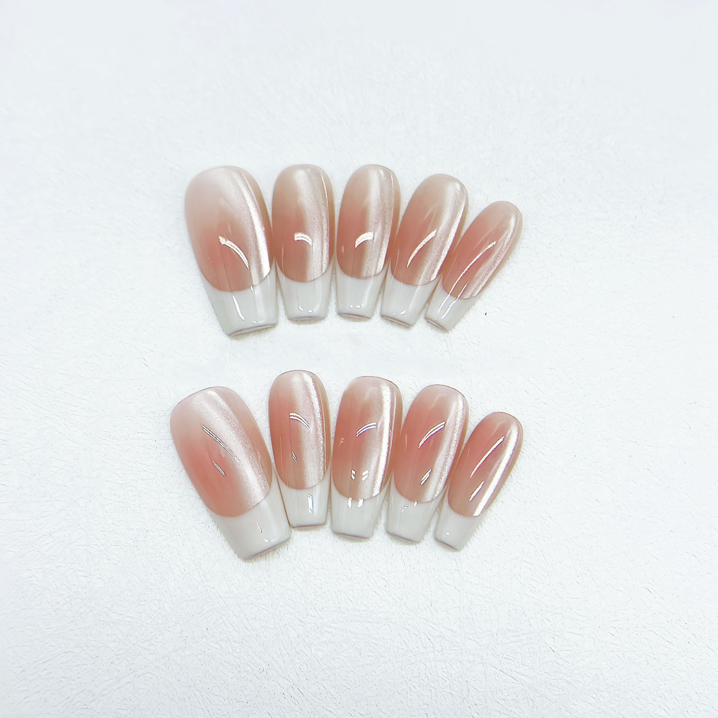Nude Peach French Side-Glow Cat-Eye Press-On Nails — Handmade Design with Subtle Elegance