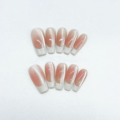 Nude Peach French Side-Glow Cat-Eye Press-On Nails — Handmade Design with Subtle Elegance