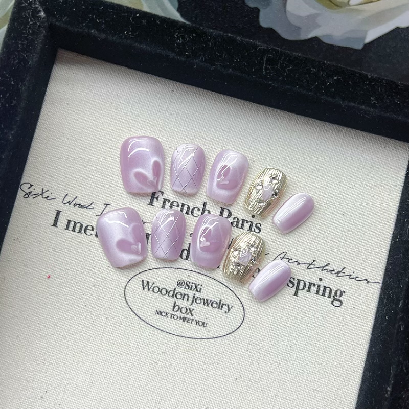 Purple Heart Cat-Eye Press-On Nails — Handmade Short Design with Daily Elegance