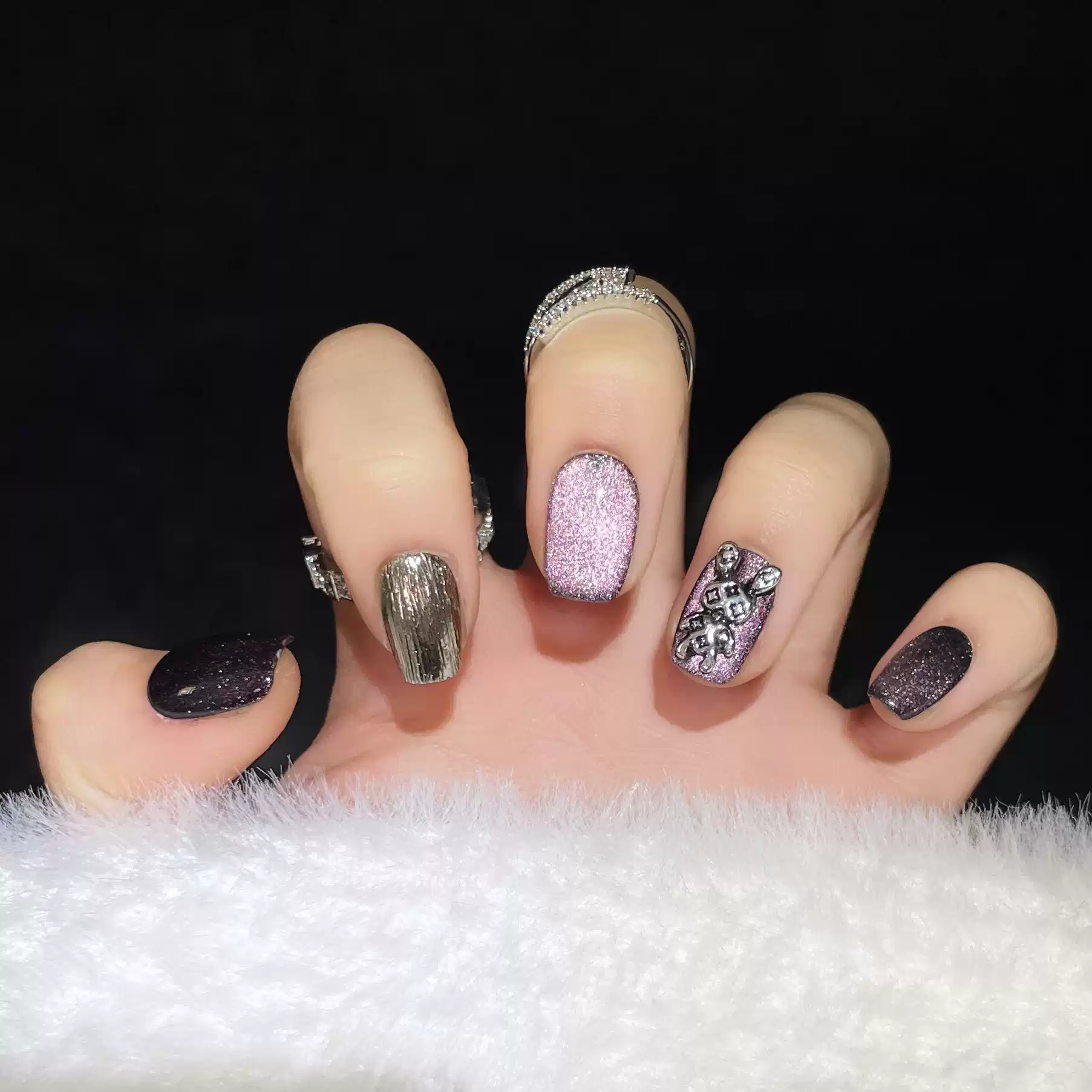 Gothic Purple Crystal Cat-Eye Press-On Nails — Handmade Short Design with Dark Elegance & Viral Bunny Accents
