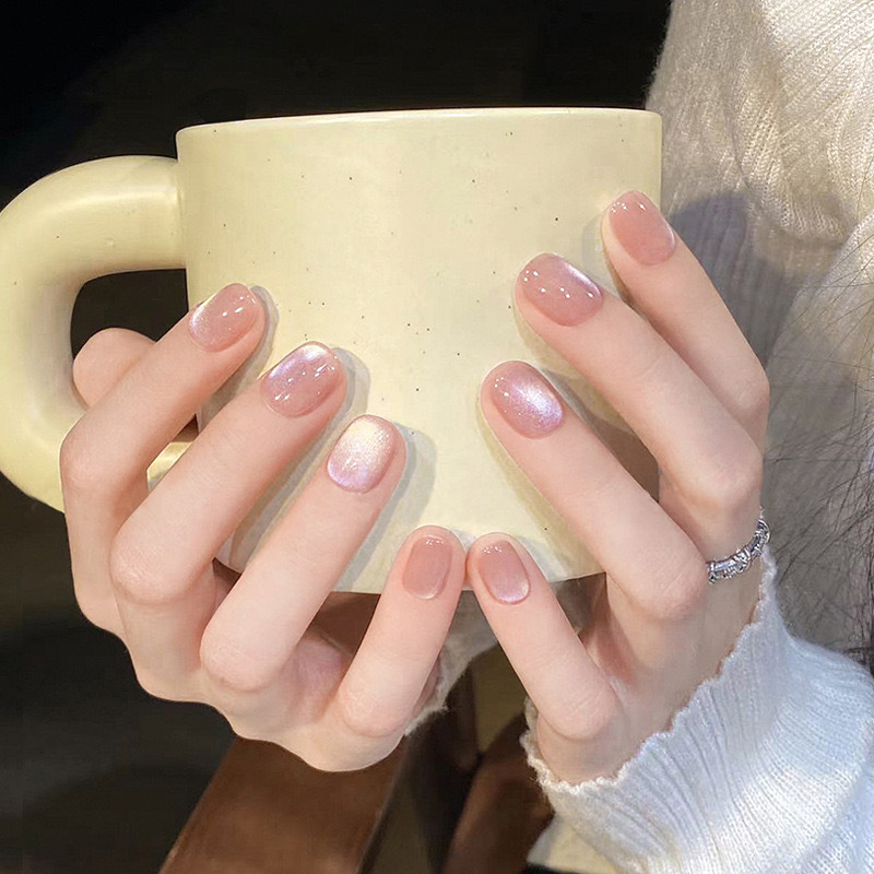 Pink Crystal Cat-Eye Press-On Nails — Handmade Minimalist Design for Daily Elegance & Flattering Wear