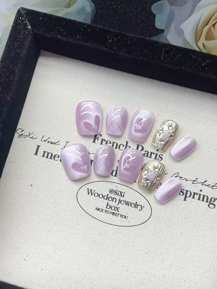 Purple Heart Cat-Eye Press-On Nails — Handmade Short Design with Daily Elegance