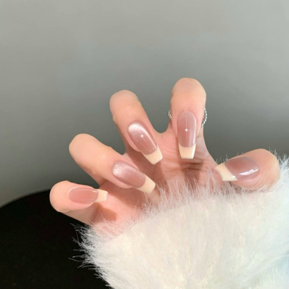 Nude Peach French Side-Glow Cat-Eye Press-On Nails — Handmade Design with Subtle Elegance