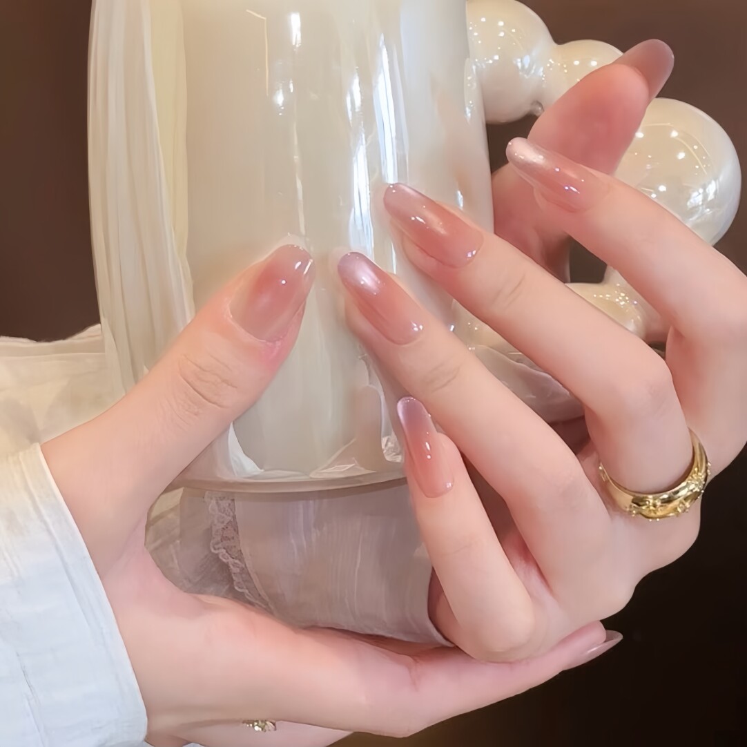 Elegant Pink-Lavender Glass Beads & Glow Cat Eye Press-On Nails | Handmade Translucent Design with Minimalist Charm