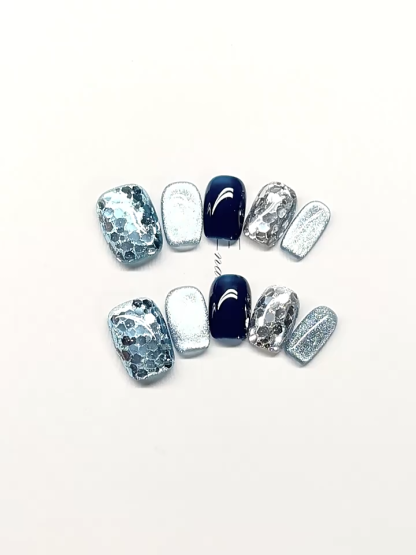 2025 New Arrival Handmade Press-On Nails | Blue Glitter Sparkle Short Length | Minimalist Elegant Design & Whitening Effect