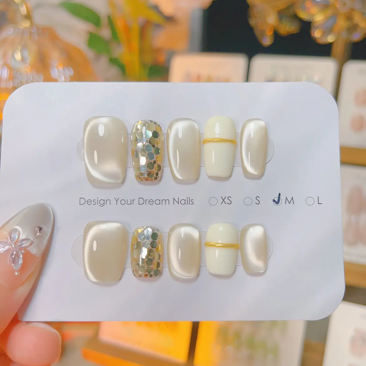 Champagne Gold Glitter Aqua Cat-Eye Press-On Nails — Handmade Short Design with Milky White Color-Block