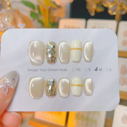 Champagne Gold Glitter Aqua Cat-Eye Press-On Nails — Handmade Short Design with Milky White Color-Block