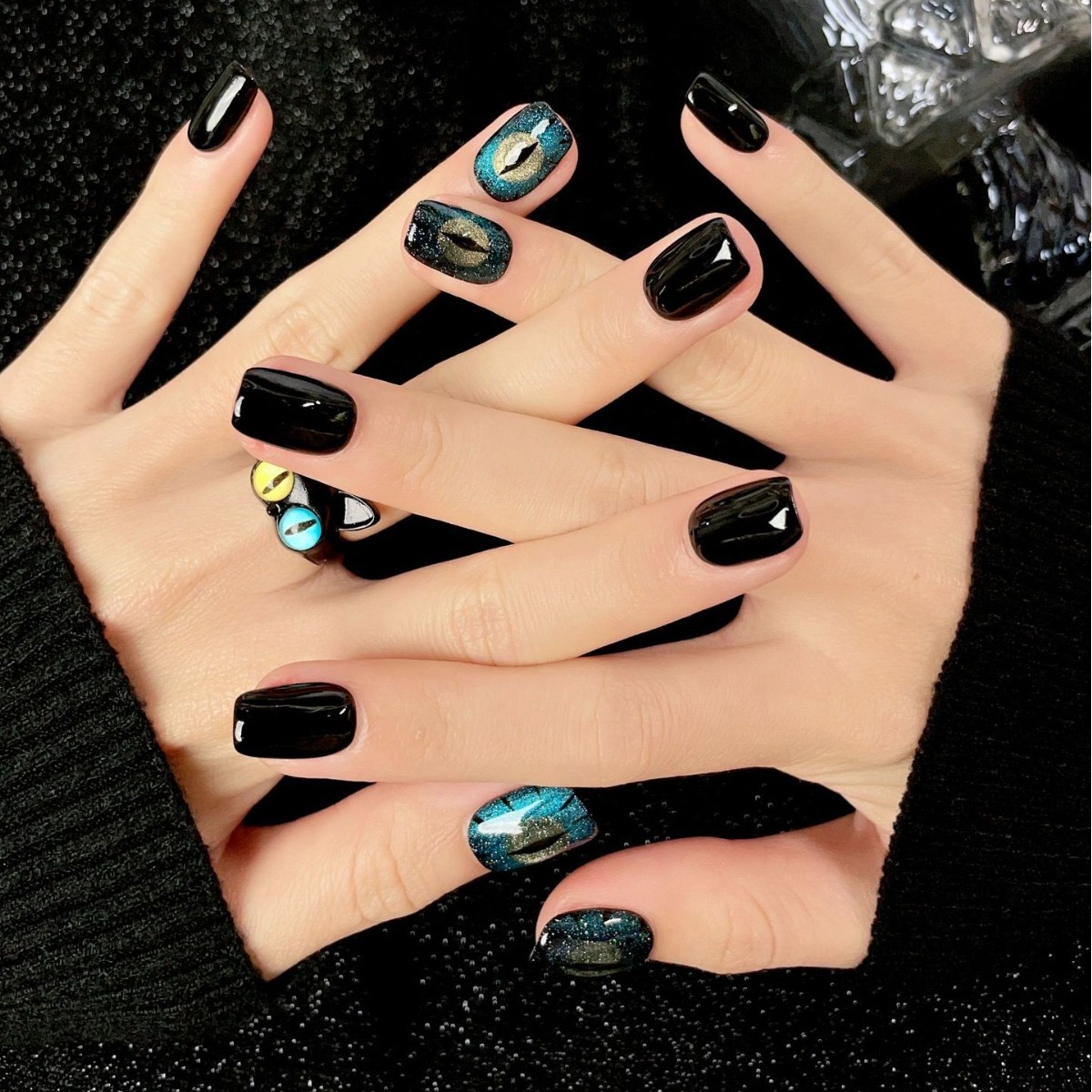 Devil's Eye Blue Marble Cat-Eye Press-On Nails — Handmade Short Design with Noir Feline Mystique