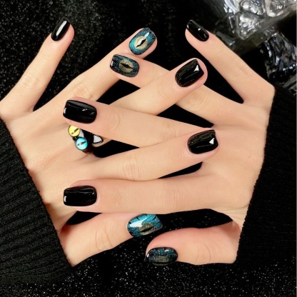 Devil's Eye Blue Marble Cat-Eye Press-On Nails — Handmade Short Design with Noir Feline Mystique