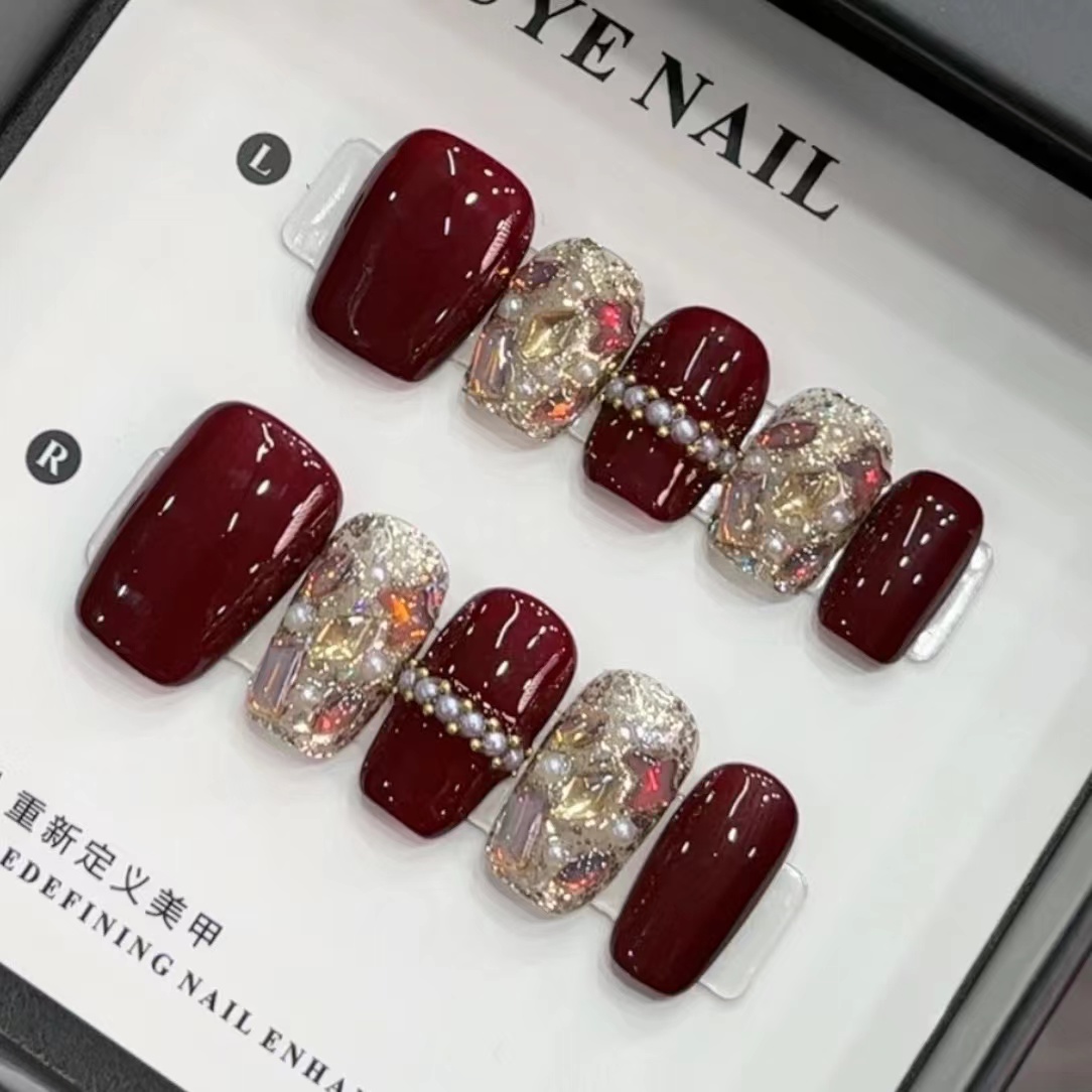 New Year Wine Red Cherry Gel Press-On Nails — Handmade Glamorous Maillard Manicure Set for a Chic, Skin-Brightening Look