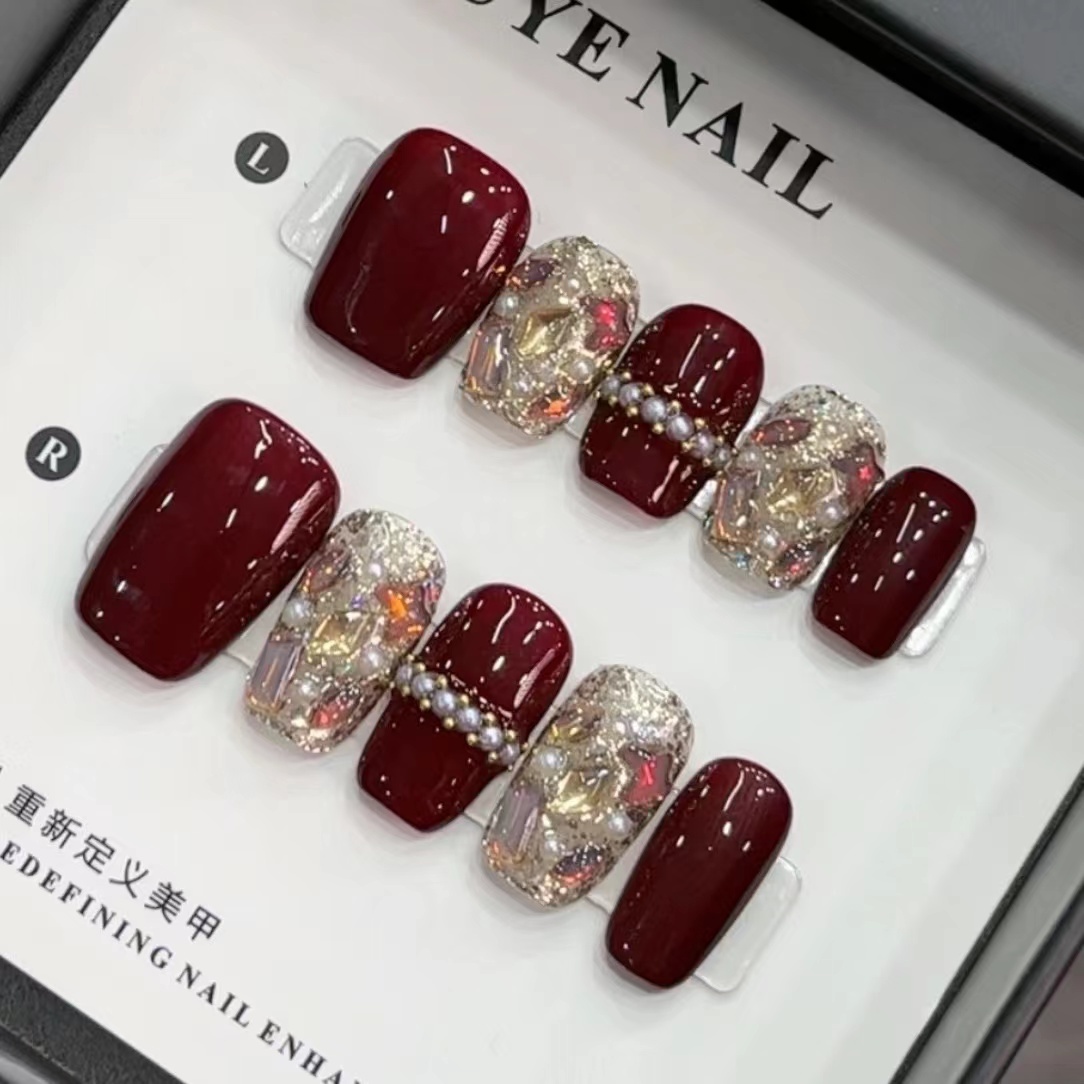 New Year Wine Red Cherry Gel Press-On Nails — Handmade Glamorous Maillard Manicure Set for a Chic, Skin-Brightening Look
