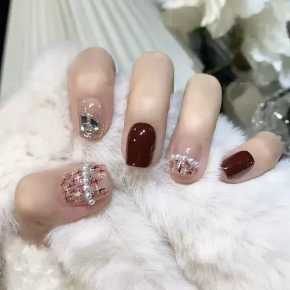 New Year Wine Red Cherry Gel Press-On Nails — Handmade Glamorous Maillard Manicure Set for a Chic, Skin-Brightening Look
