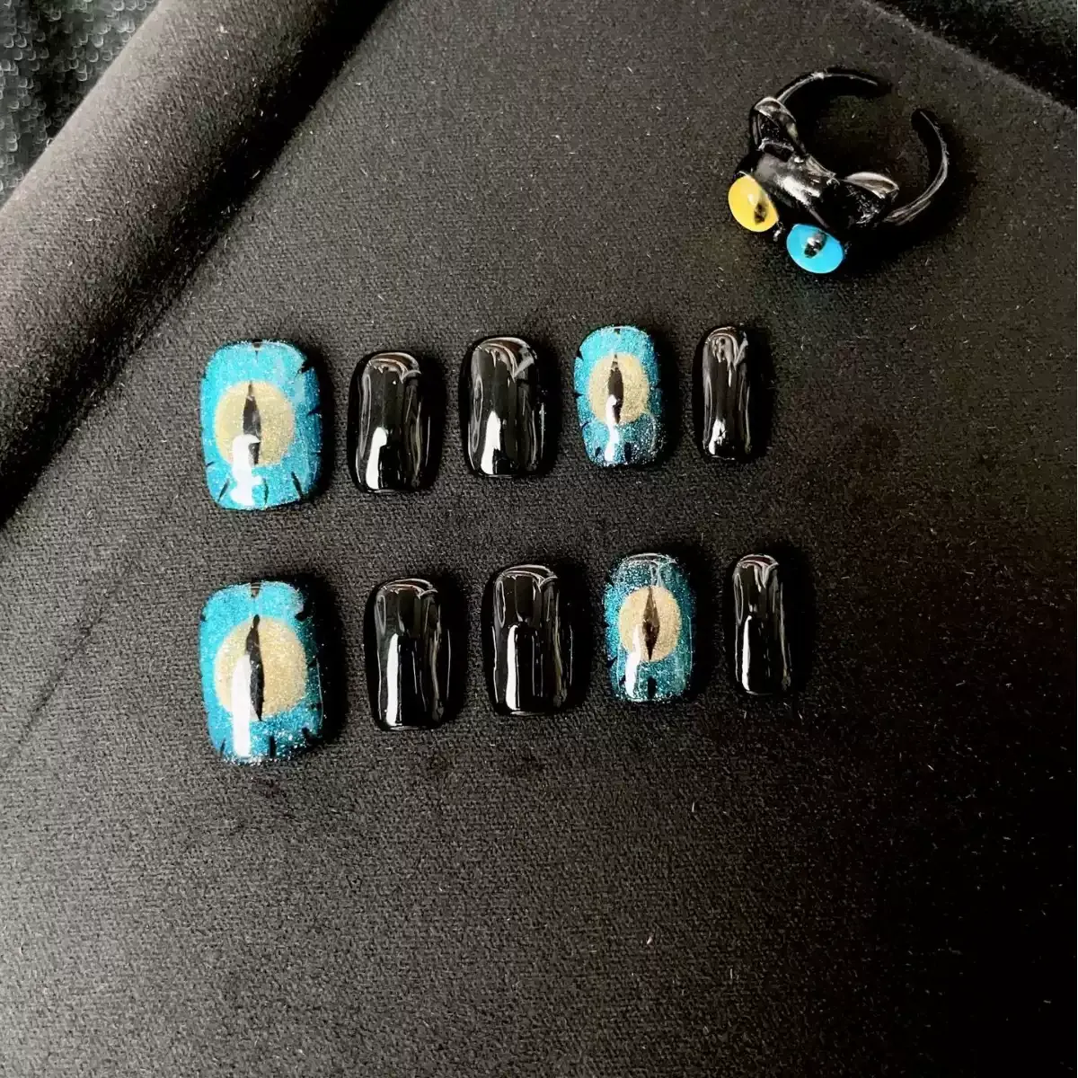 Devil's Eye Blue Marble Cat-Eye Press-On Nails — Handmade Short Design with Noir Feline Mystique