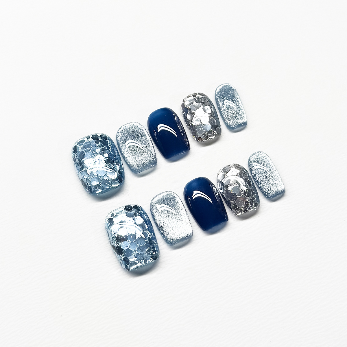 2025 New Arrival Handmade Press-On Nails | Blue Glitter Sparkle Short Length | Minimalist Elegant Design & Whitening Effect