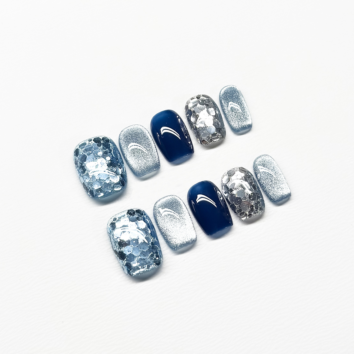 2025 New Arrival Handmade Press-On Nails | Blue Glitter Sparkle Short Length | Minimalist Elegant Design & Whitening Effect