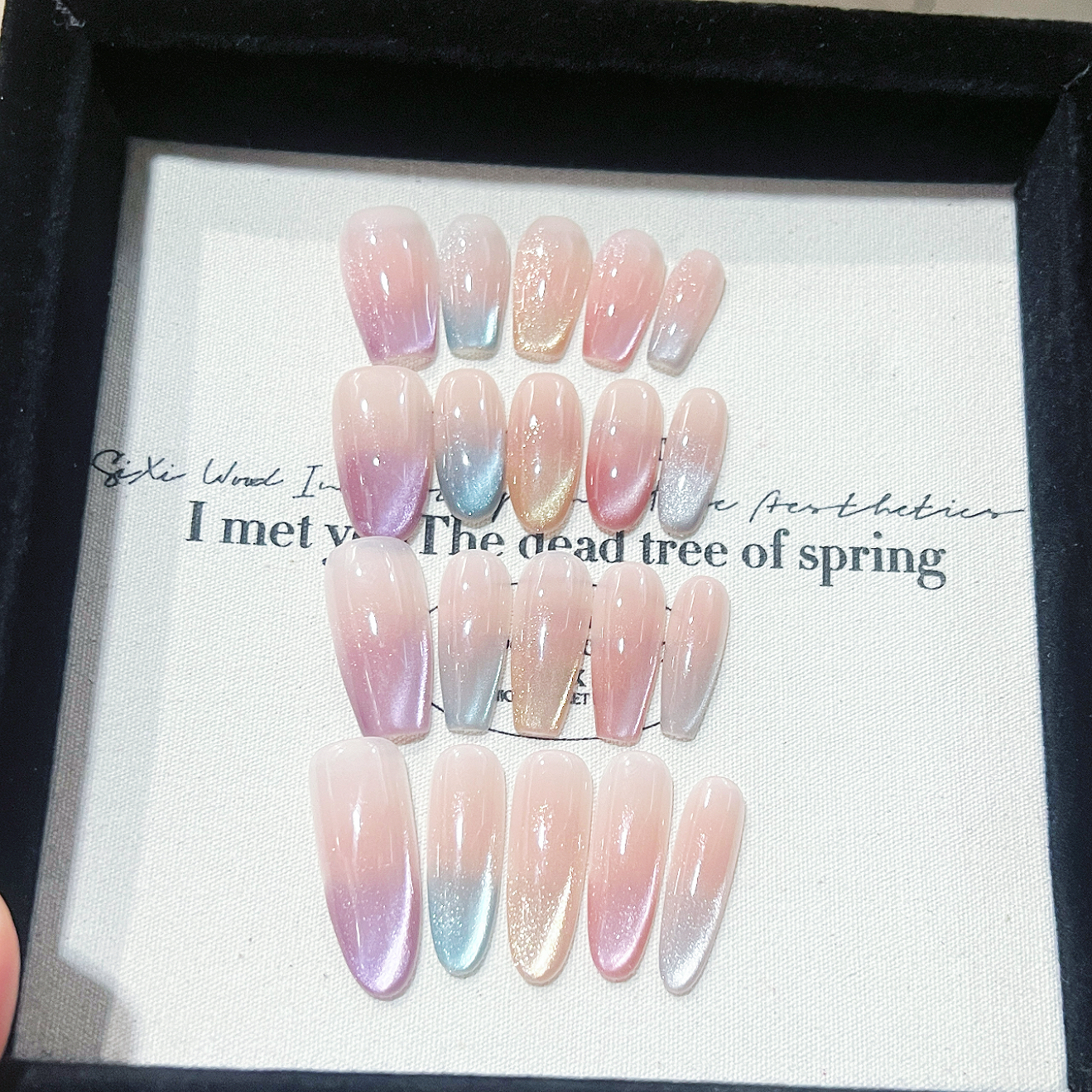 Iridescent French Cat-Eye Press-On Nails — Handmade Design with Chromatic Elegance